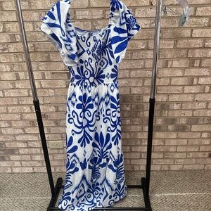 Shein Blue and White Printed Off The Shoulder Maxi Dress - Women's XL